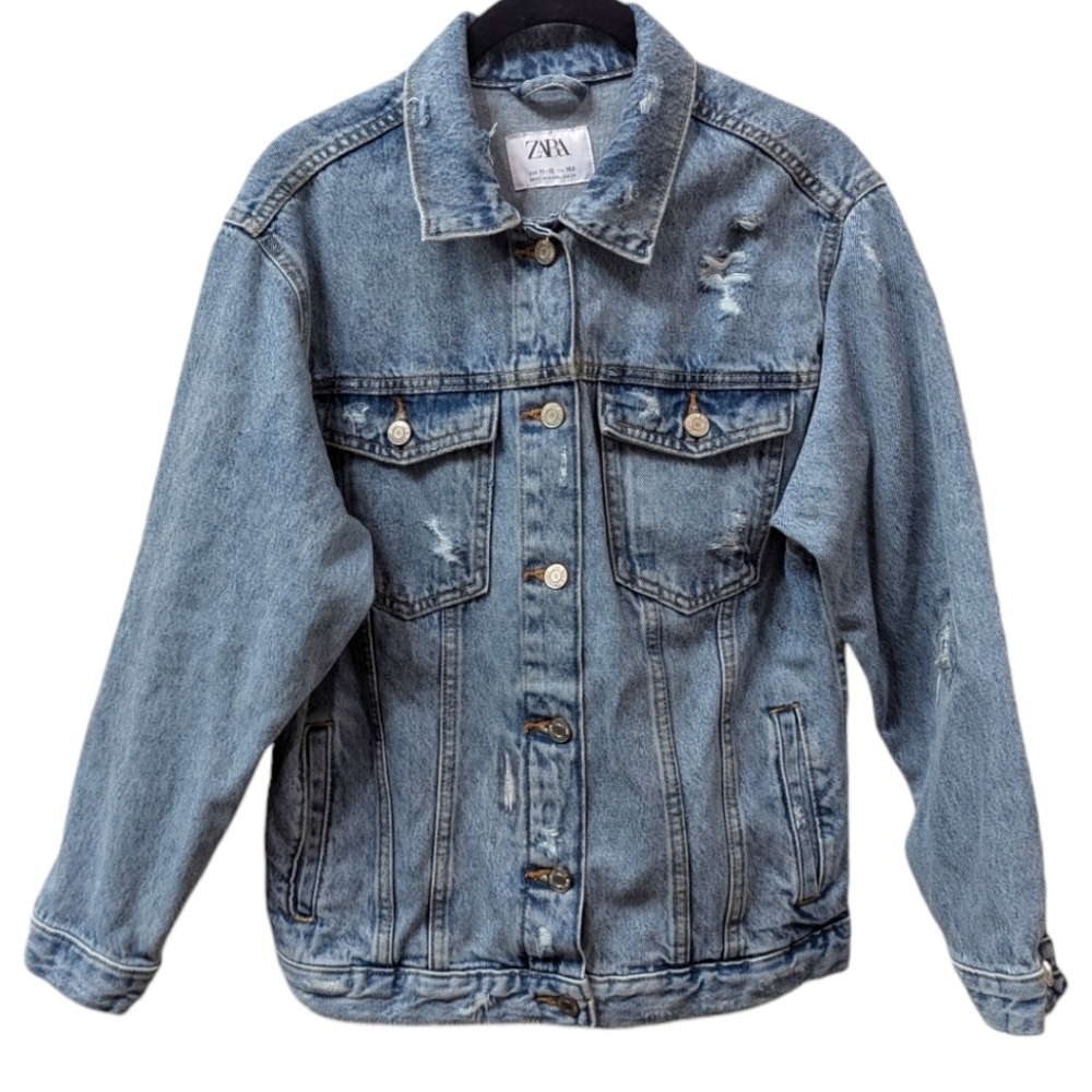 Zara Girl's Distressed Light Wash Denim Trucker Jacket (11-12)